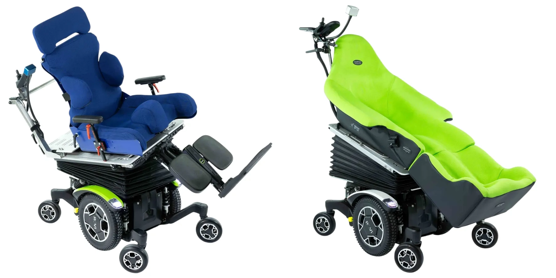 Zwei E-Rollis mit ROVI-Basis und COSEAT. Einer mit Interco Sitzschale und der andere mit Meybrand Liegeschale